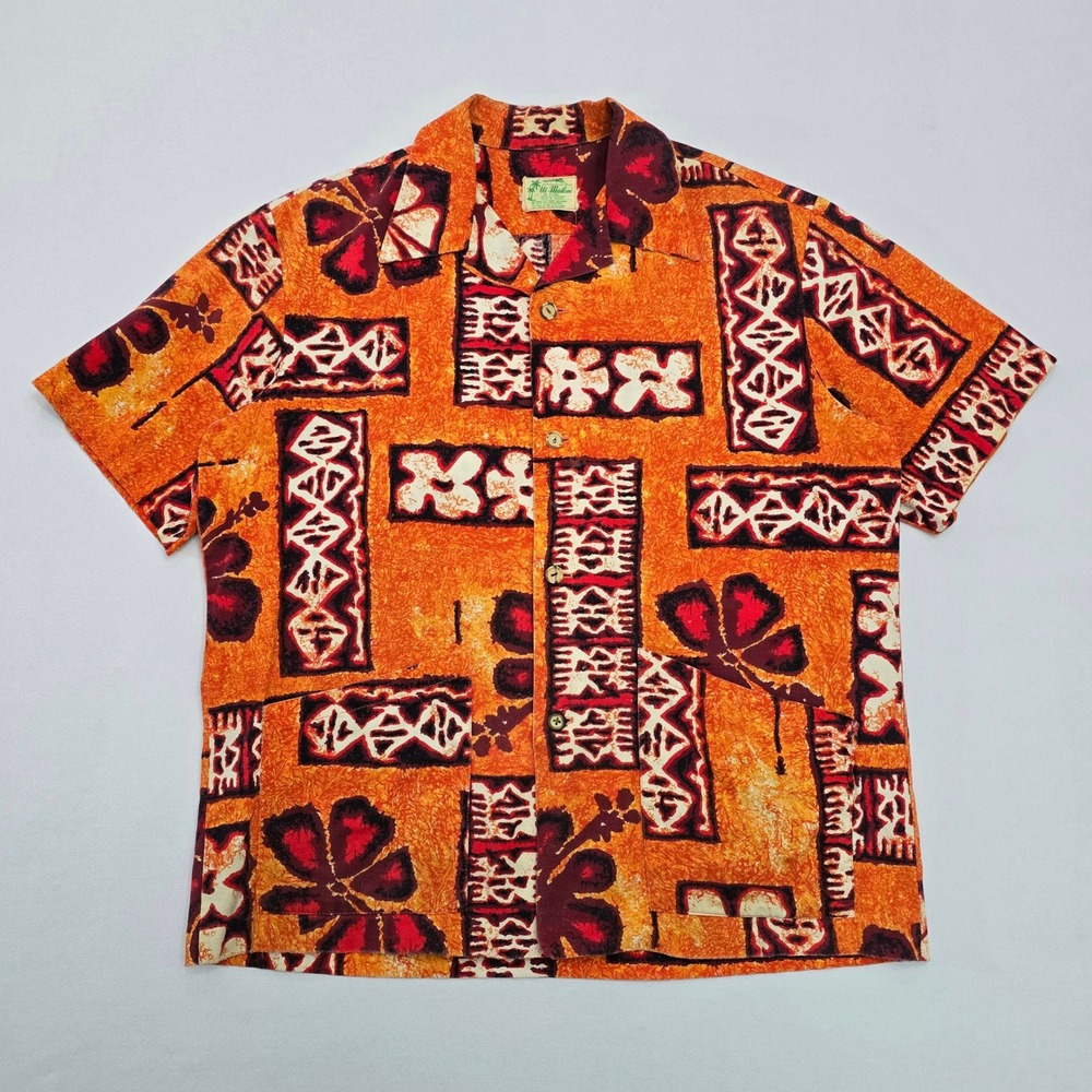 Ui-Maikai Vintage Hawaiian Shirt Mens Large Orange Tapa Hibiscus Barkcloth